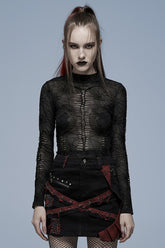 T-shirt punk pour femme à manches longues noires avec imprimé toile d'araignée et maille creuse